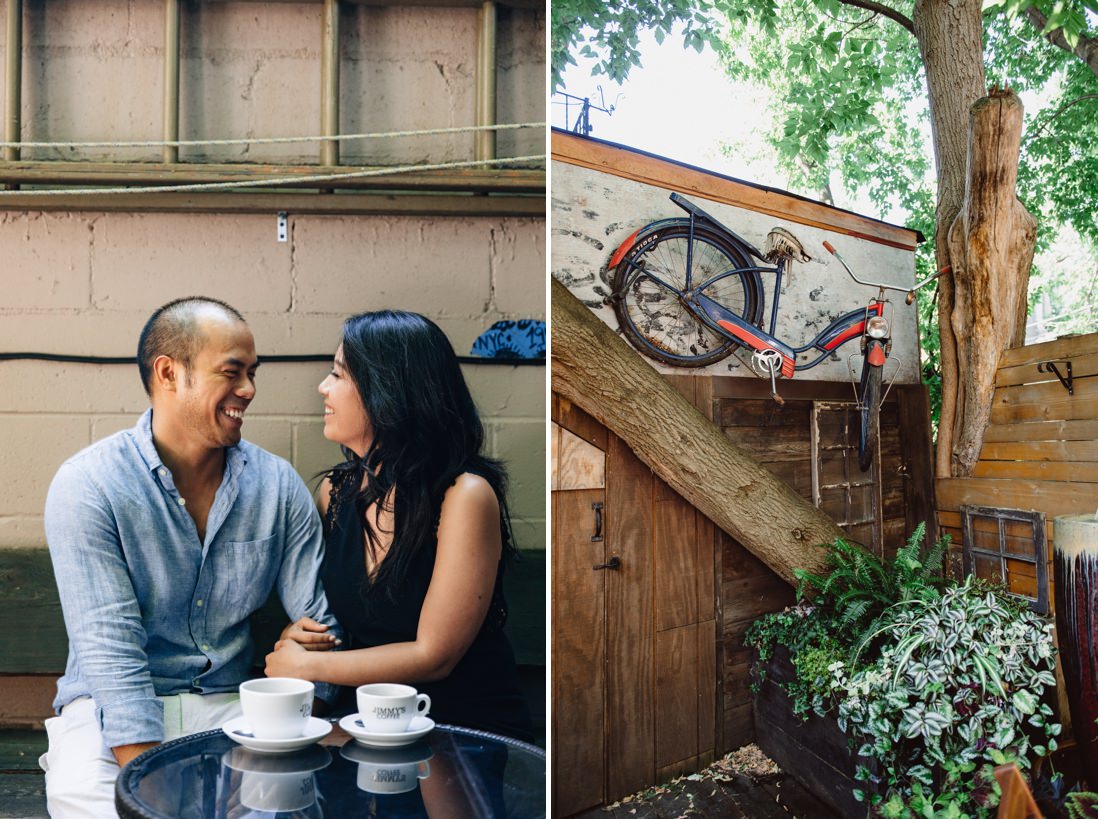 Couple having coffee at Jimmy's Coffee back patio | Kensington Market Engagement, Toronto | EightyFifth Street Photography