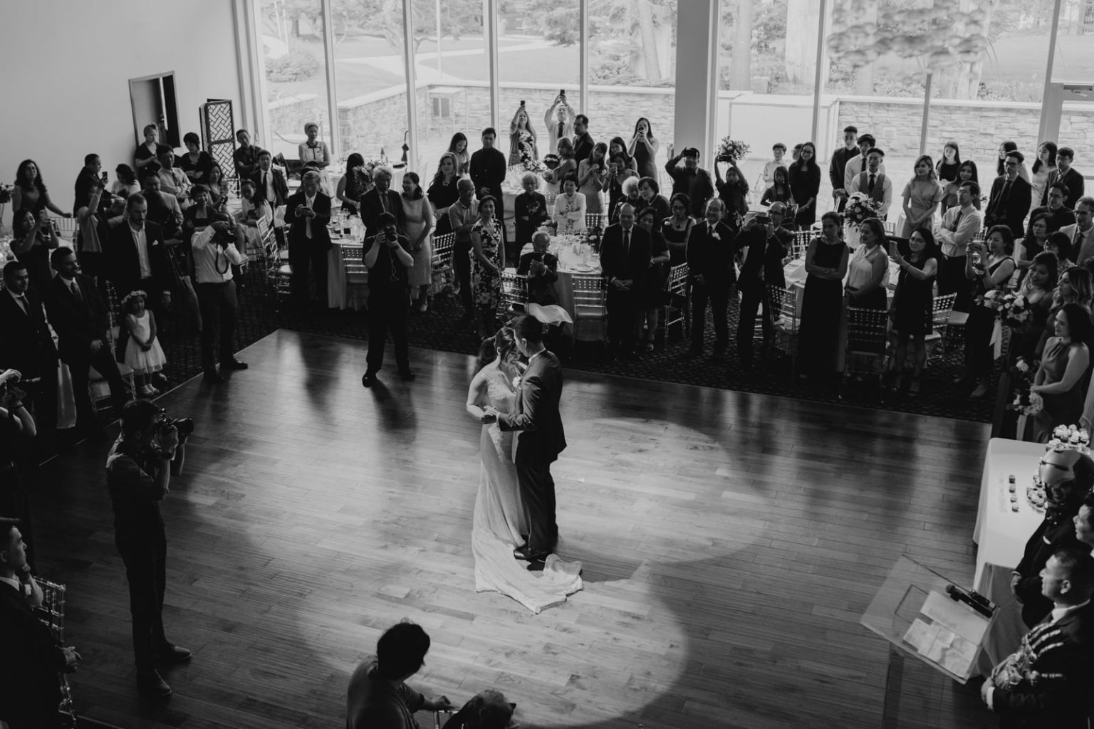 first dance view from balcony at guild inn estate wedding